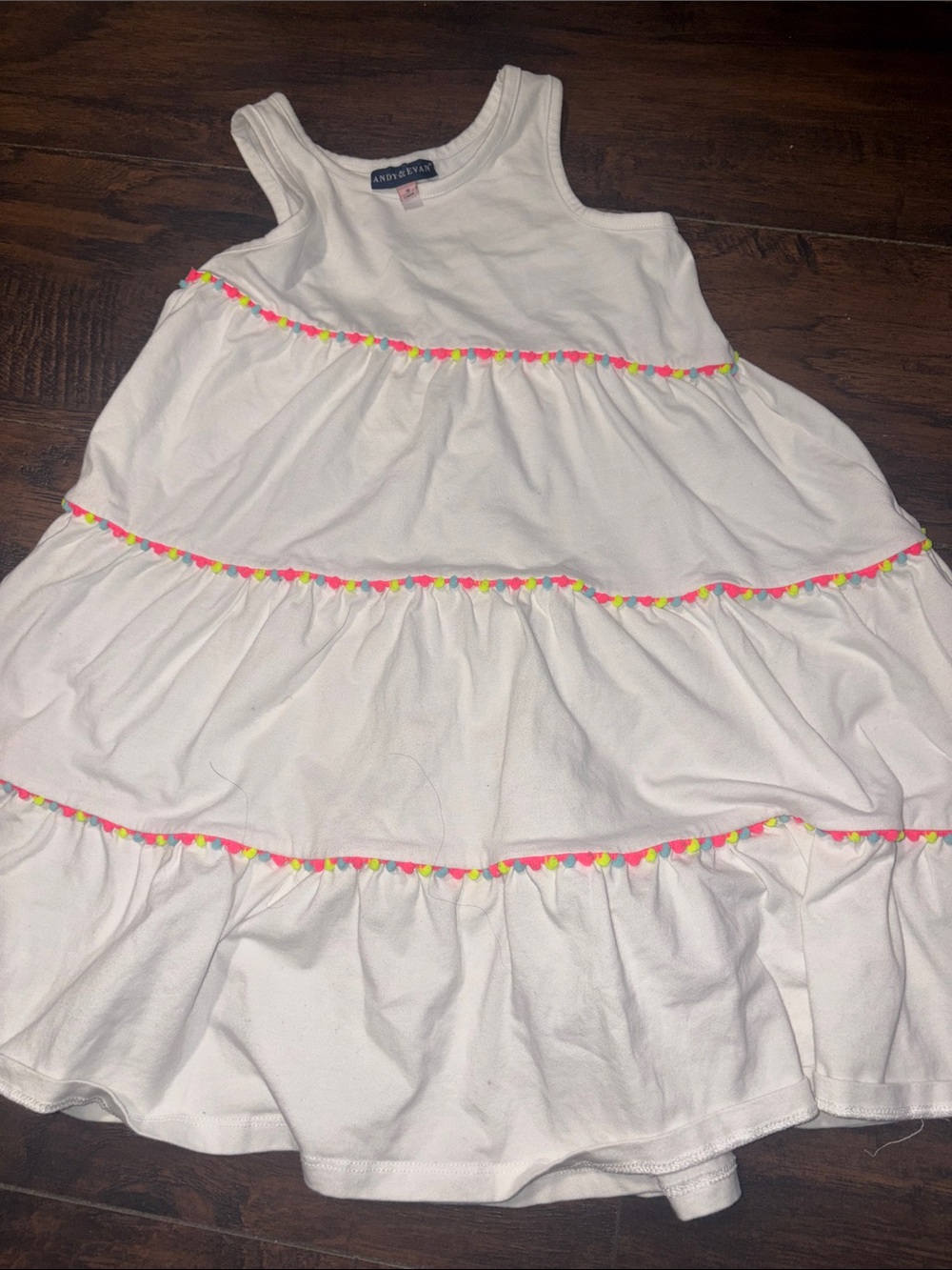 Andy & Evan White Tiered Tank Dress with Neon Pink and Neon Yellow Trim Size 5